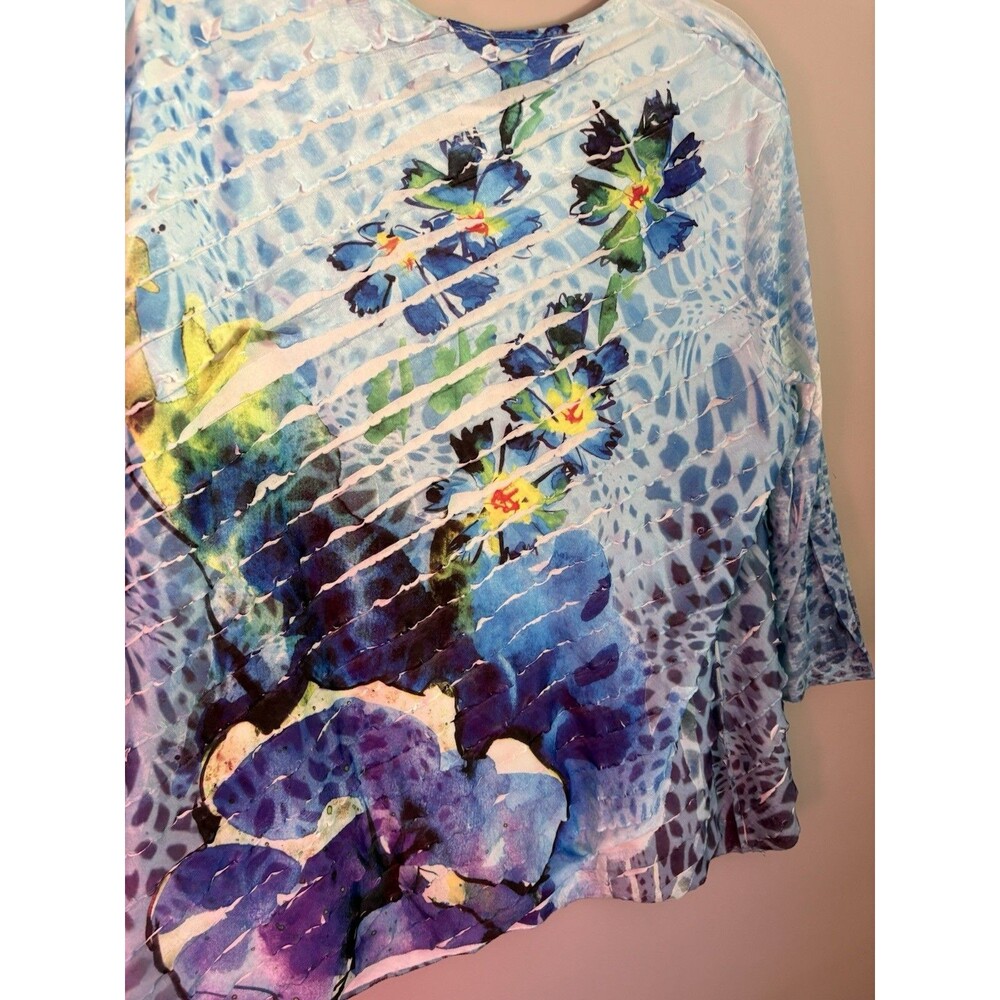 Jess & Jane XL Blue Floral Knit Tunic Top Ruffle 3/4 Sleeve Stretch Artsy Boho - Picture 6 of 10